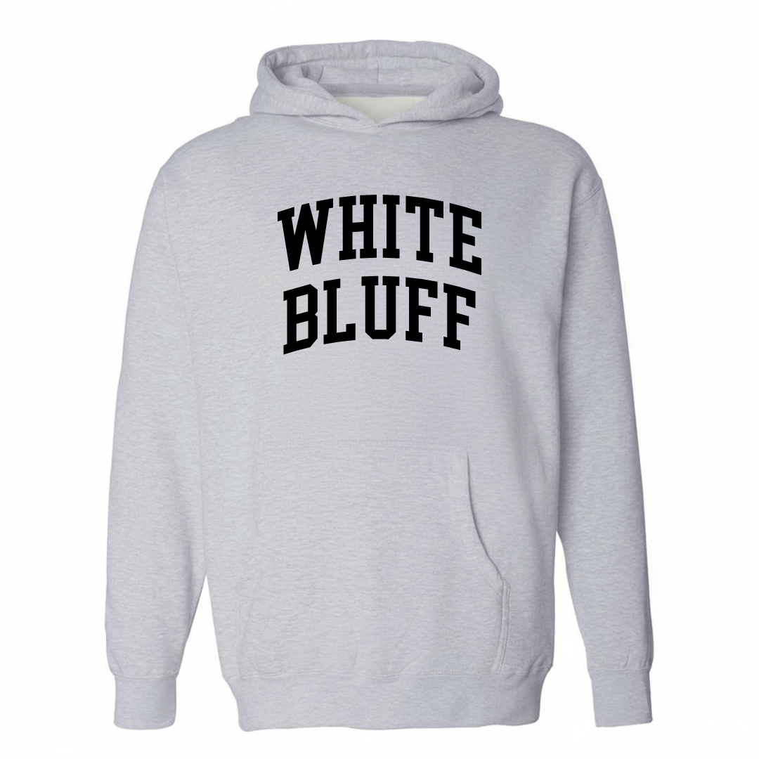 Heather-gray hoodie with the White Bluff varsity arched lettering design on the chest.