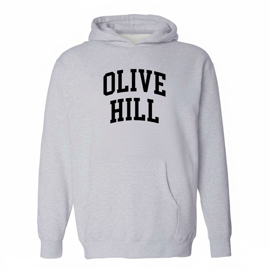 Heather-gray hoodie with the Olive Hill varsity arched lettering design on the chest.