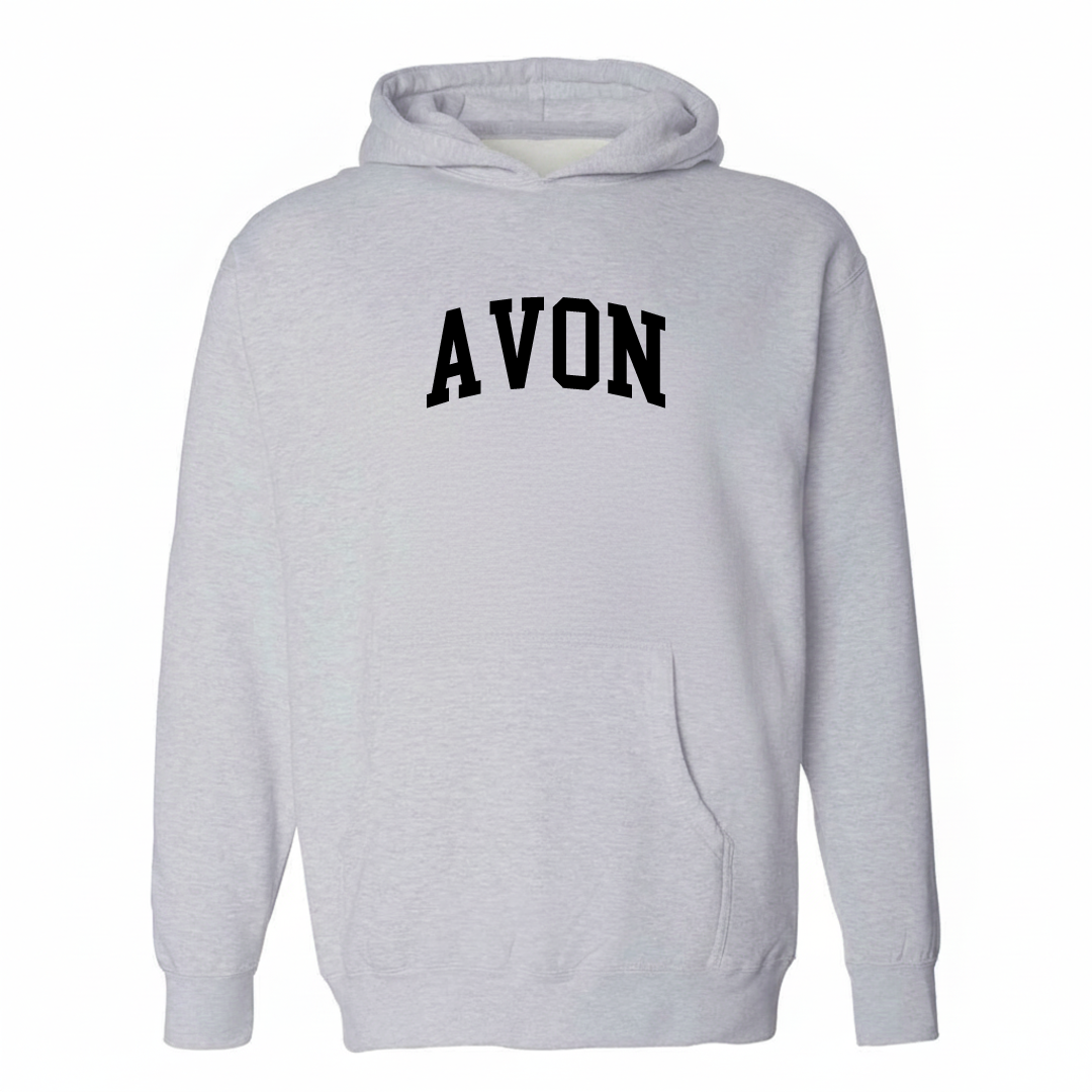Heather-gray hoodie with the Avon varsity arched lettering design on the chest.