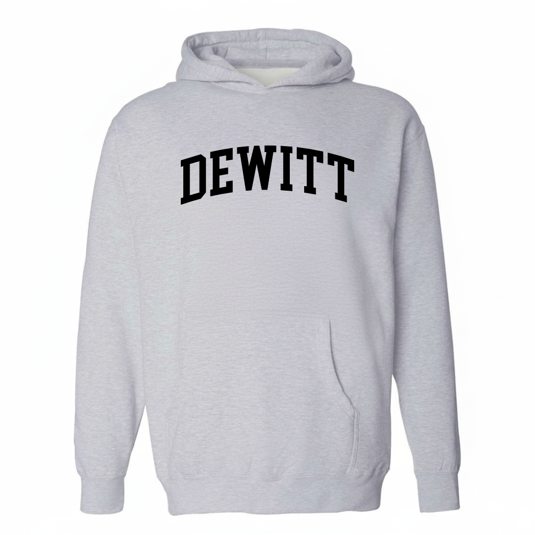 Heather-gray hoodie with the DeWitt arched varsity lettering design on the chest.