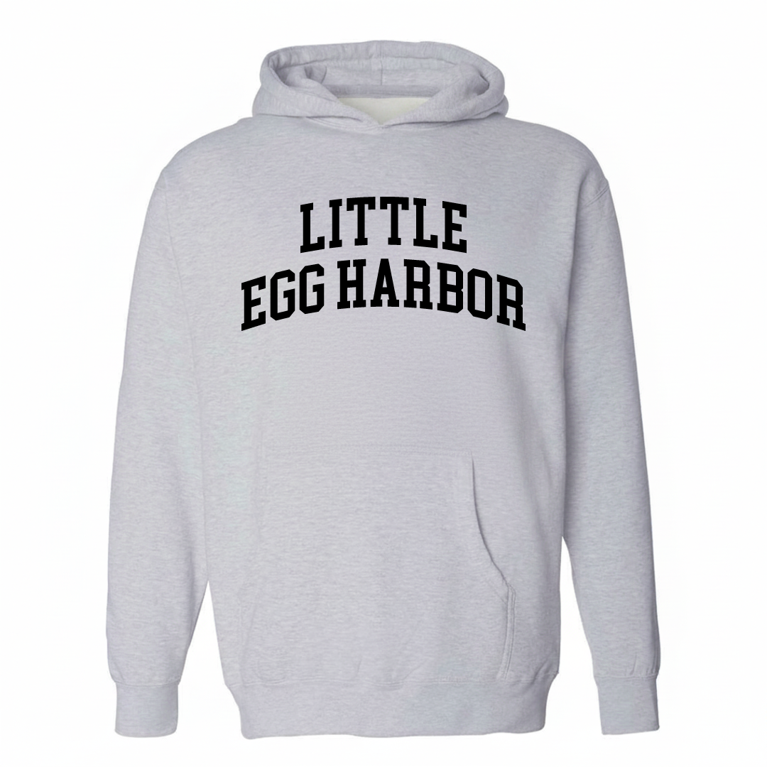 Heather-gray hoodie with the Little Egg Harbor varsity arched lettering design on the chest.