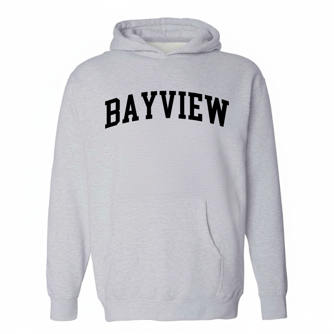 Heather-gray hoodie with the Bayview arched lettering varsity-collegiate design on the chest.