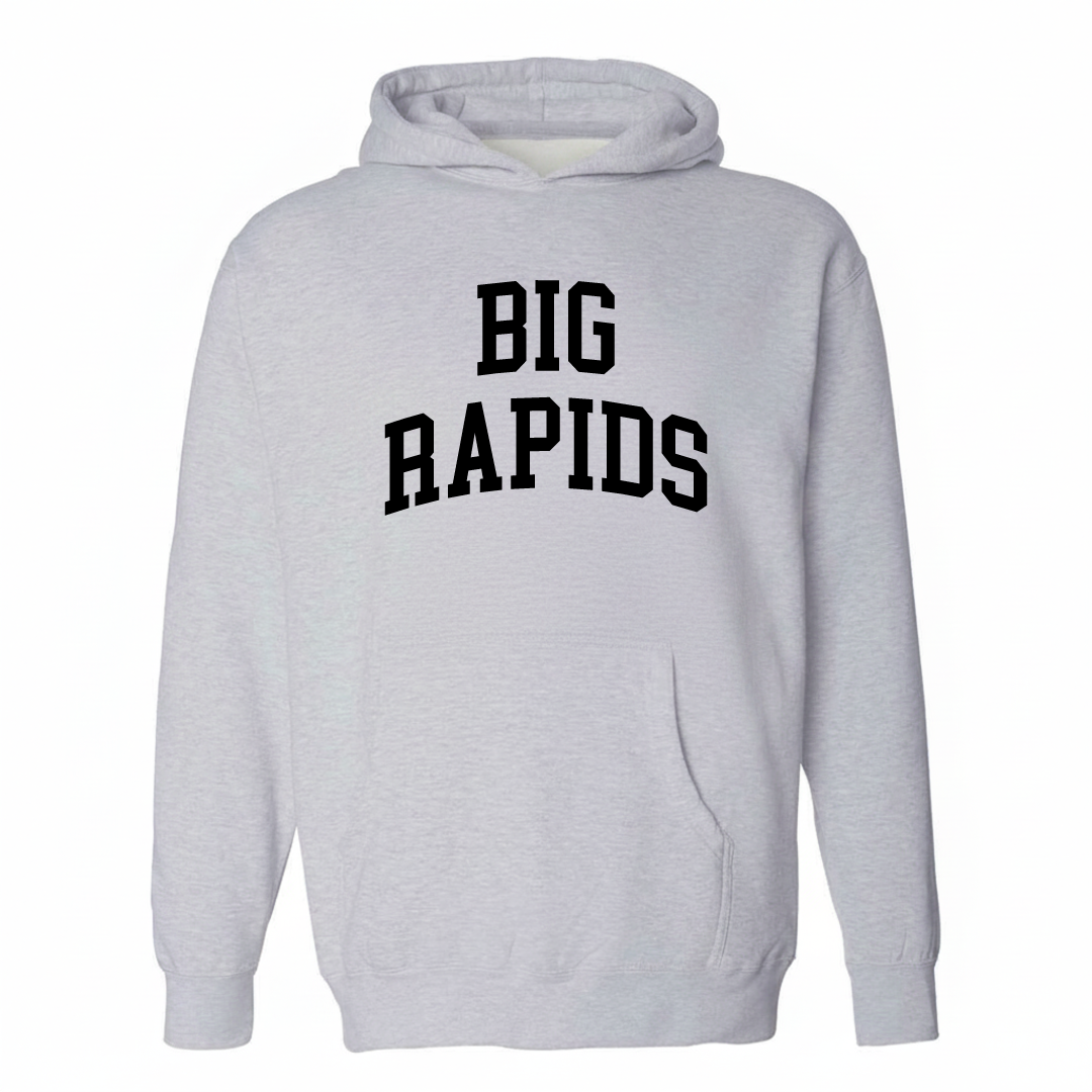 Heather-gray hoodie with the Big Rapids arched varsity lettering design on the chest.