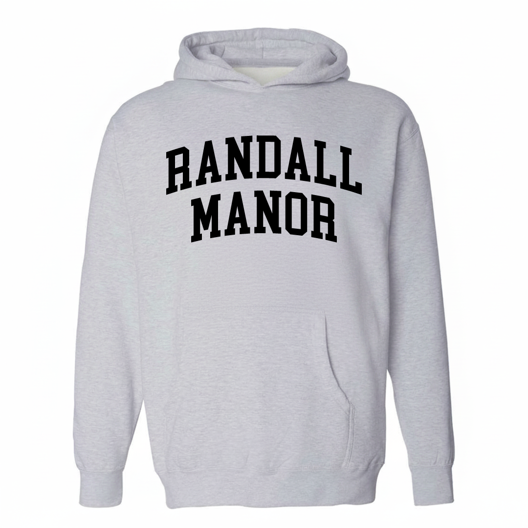 Heather-gray hoodie with the Randall Manor varsity arched lettering design on the chest.