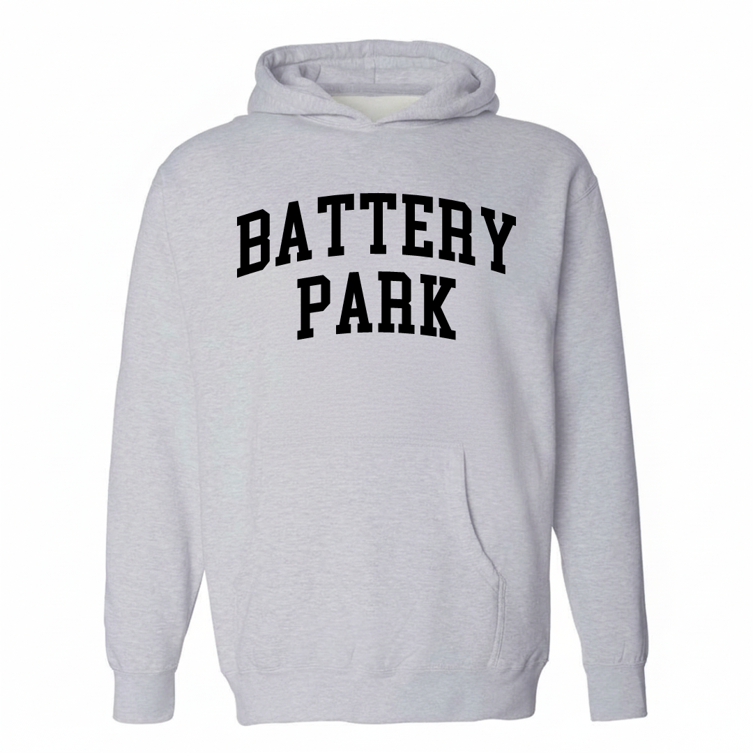 Heather-gray hoodie with the Battery Park varsity arched lettering design on the chest.