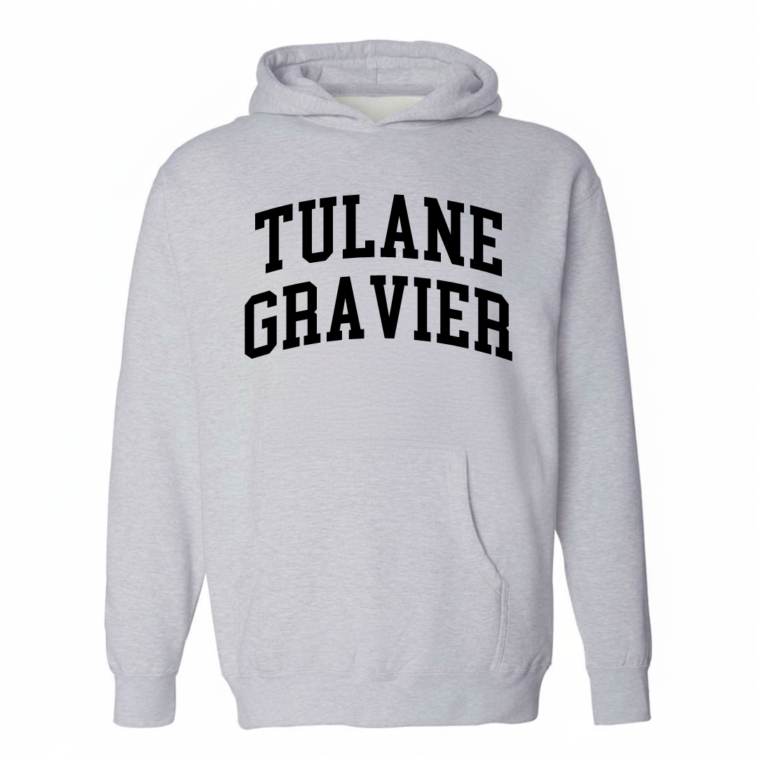 Heather-gray hoodie with the Tulane-Gravier arched varsity lettering design on the chest.