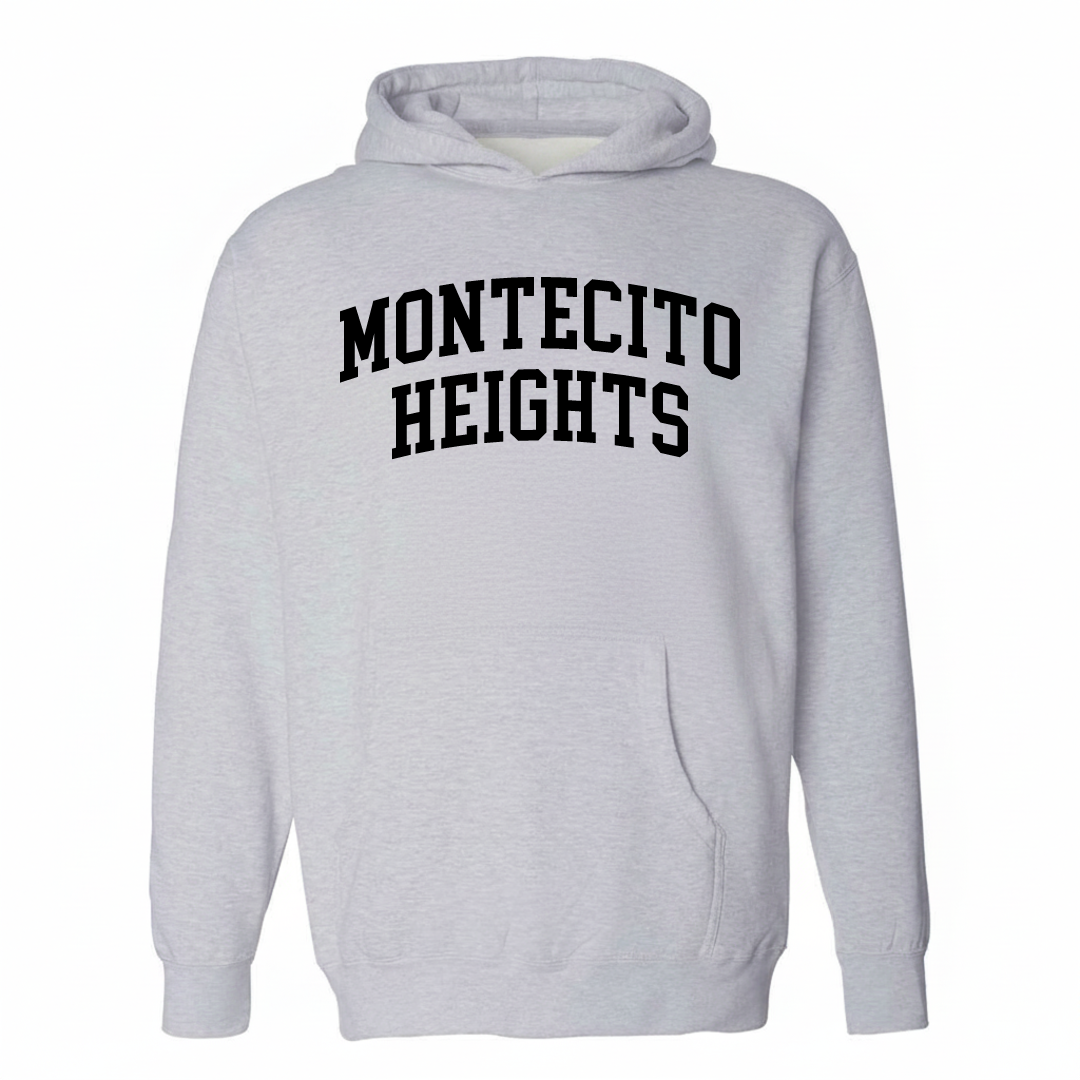 Heather-gray hoodie with the Montecito Heights arched lettering design on the chest.