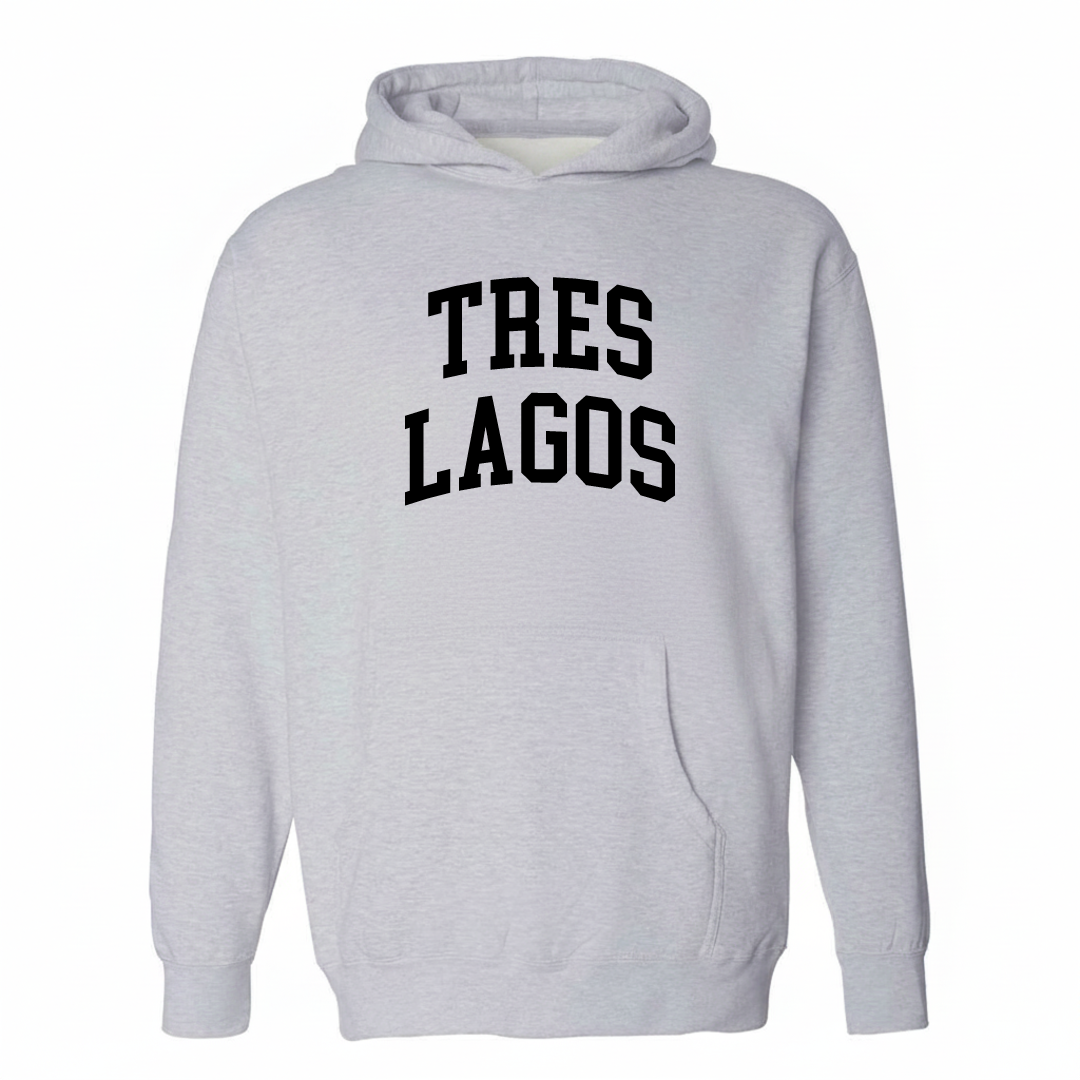 Heather-gray hoodie with the Tres Lagos arched lettering varsity-collegiate design on the chest.