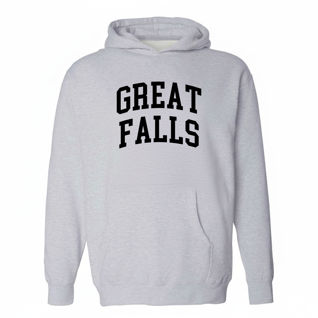 Heather-gray hoodie with the Great Falls varsity arched lettering design on the chest.