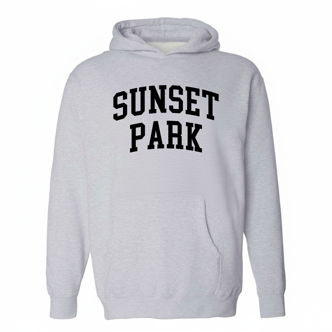 Heather-gray hoodie with the Sunset Park varsity arched lettering design on the chest.