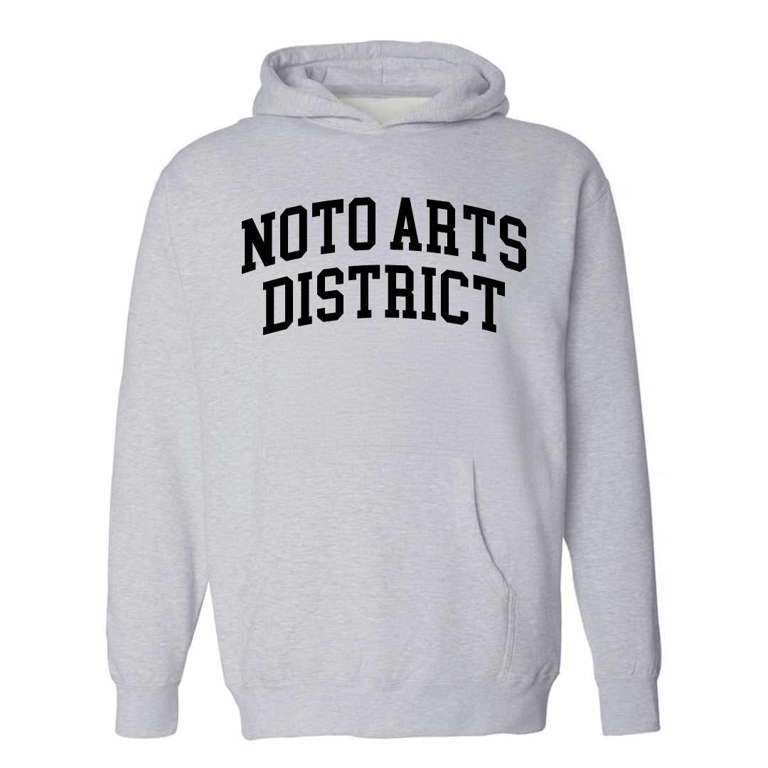 Heather-gray hoodie with the NOTO Arts District varsity arched lettering design on the chest.