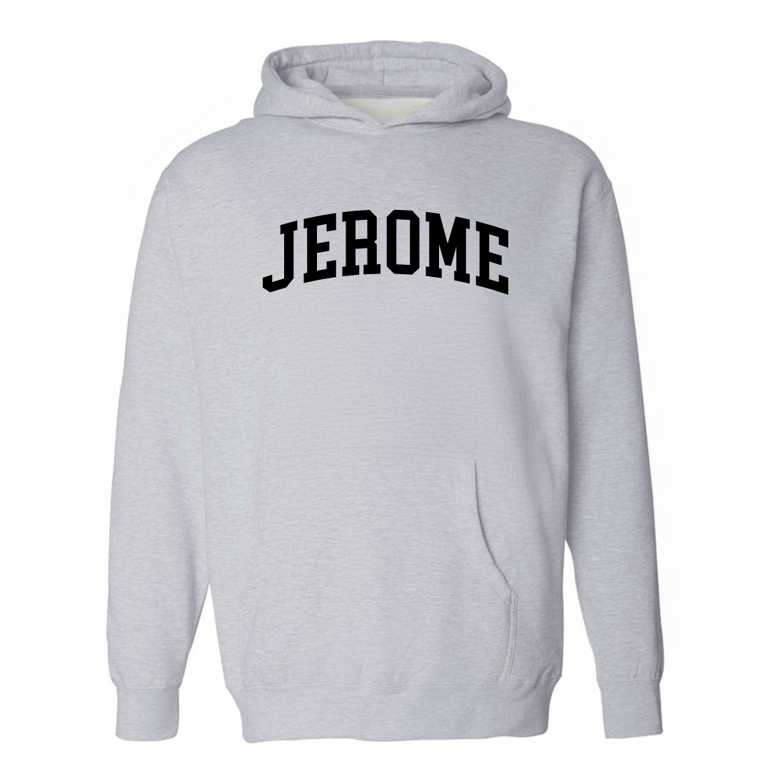 Heather-gray hoodie with the Jerome arched varsity lettering design on the chest.