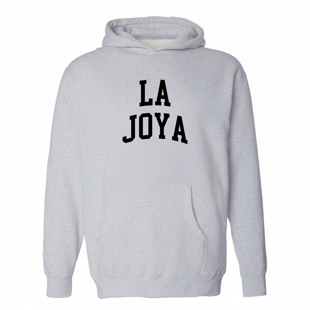 Heather-gray hoodie with the La Joya varsity arched lettering design on the chest.
