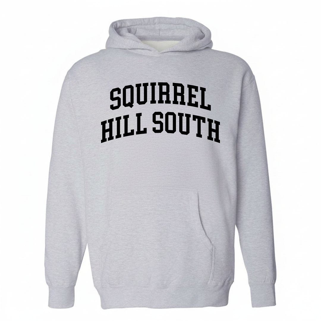 Heather-gray hoodie with the Squirrel Hill South arched lettering design on the chest.