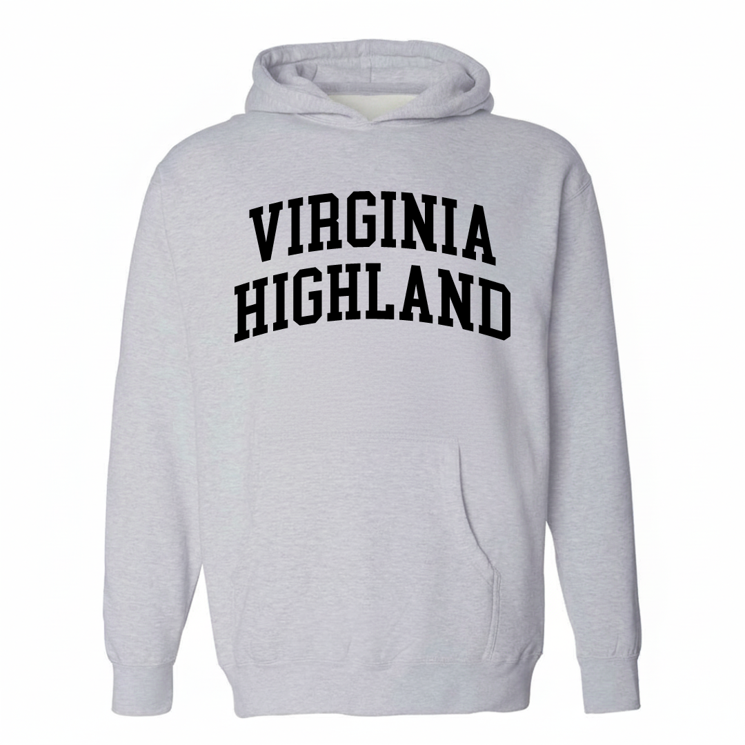 Heather-gray hoodie with the Virginia-Highland varsity arched lettering design on the chest.