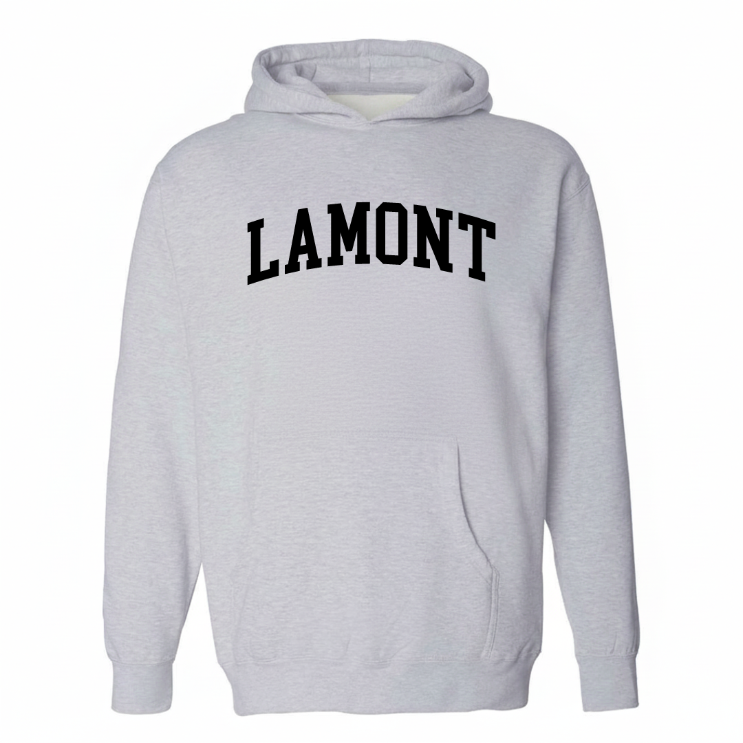Heather-gray hoodie with the Lamont arched varsity lettering design on the chest.