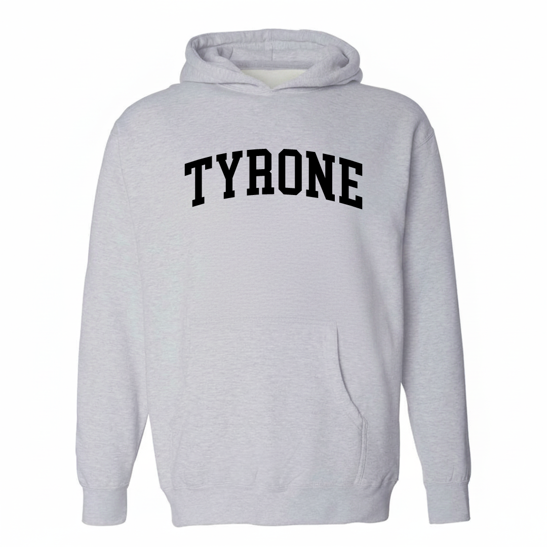 Heather-gray hoodie with the Tyrone varsity arched lettering design on the chest.