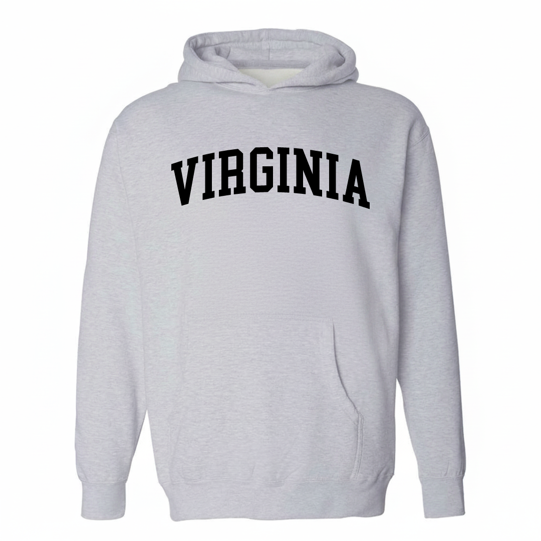 Heather-gray hoodie with the Virginia, Illinois arched lettering collegiate design on the chest.
