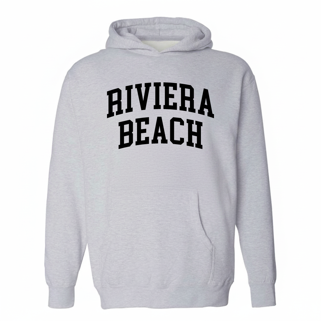 Heather-gray hoodie with the Riviera Beach varsity arched lettering design on the chest.