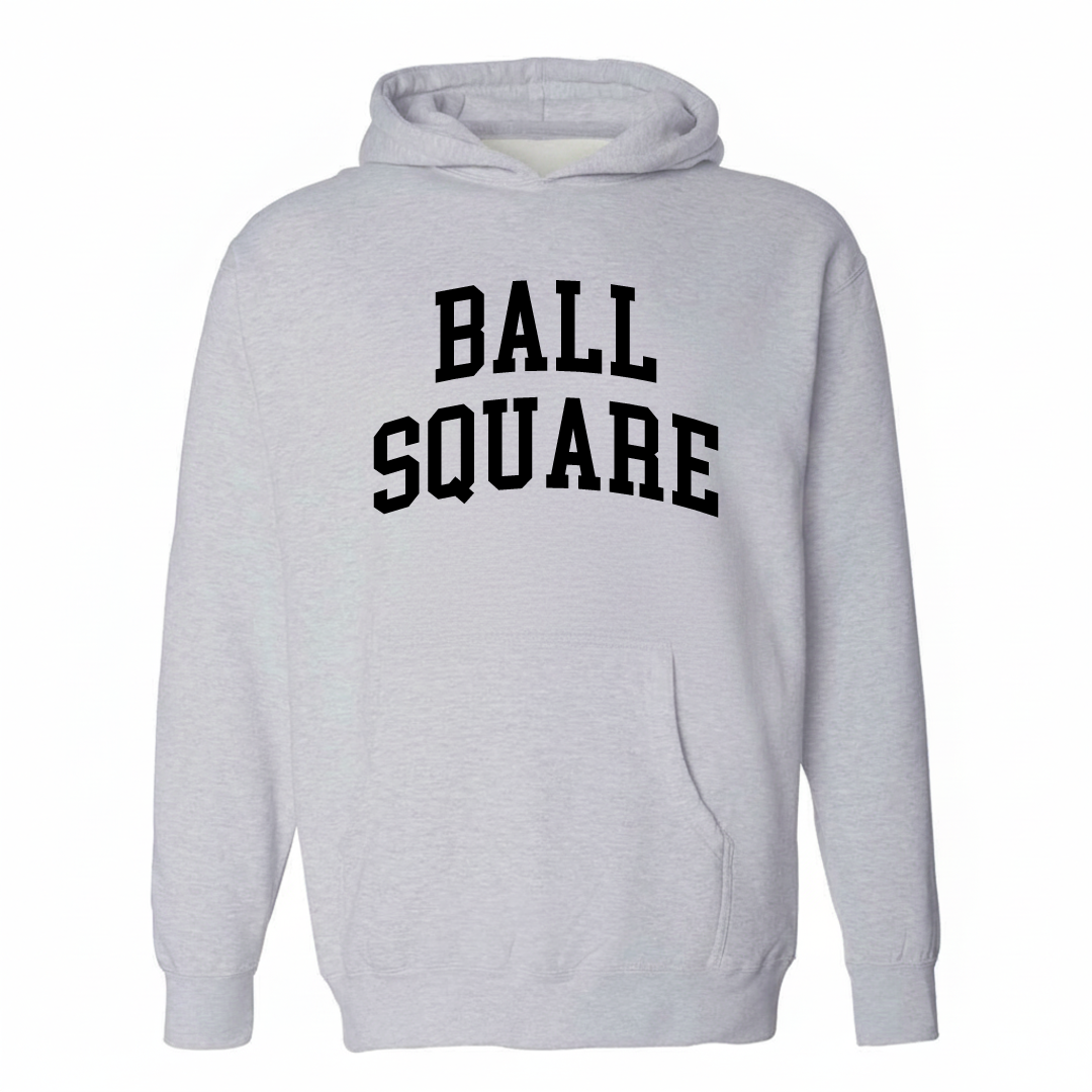 Heather-gray hoodie with the Ball Square varsity arched lettering design on the chest.