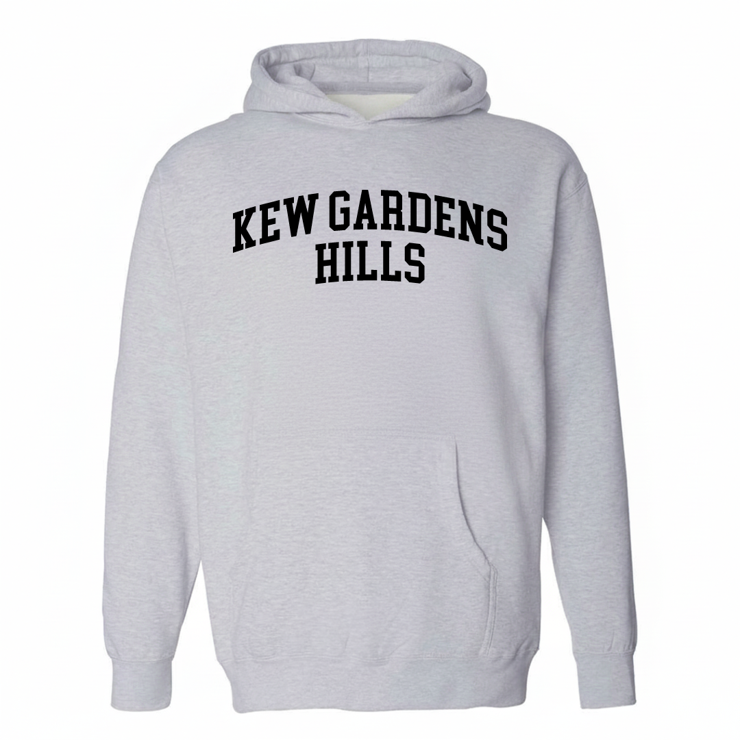 Heather-gray hoodie with the Kew Gardens Hills varsity arched lettering design on the chest.