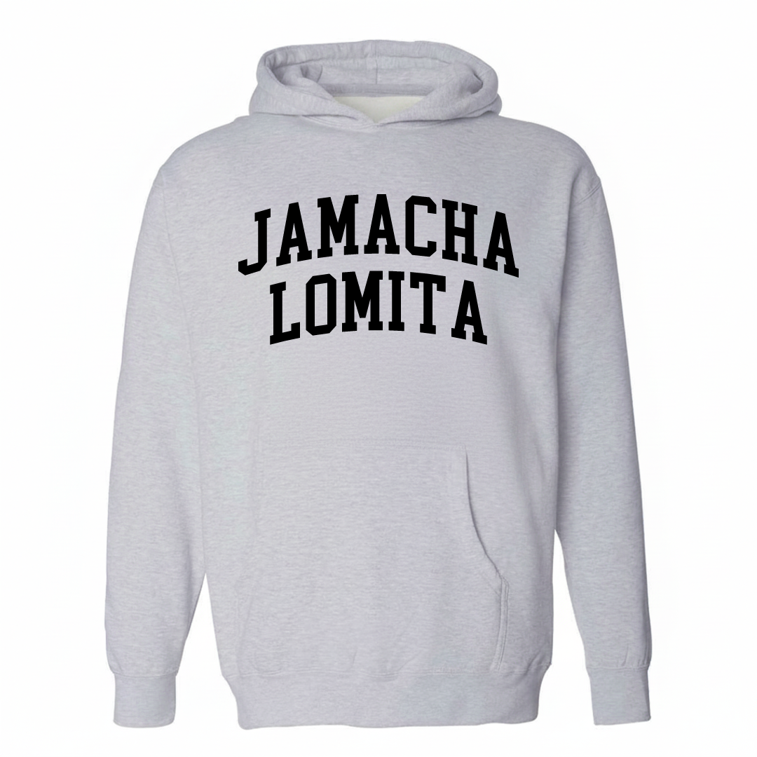 Heather-gray hoodie with the Jamacha Lomita varsity arched lettering design on the chest.