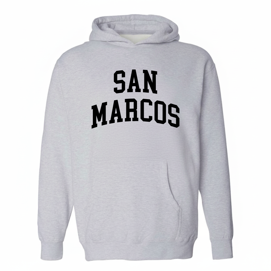 Heather-gray hoodie with the San Marcos arched varsity lettering design on the chest.