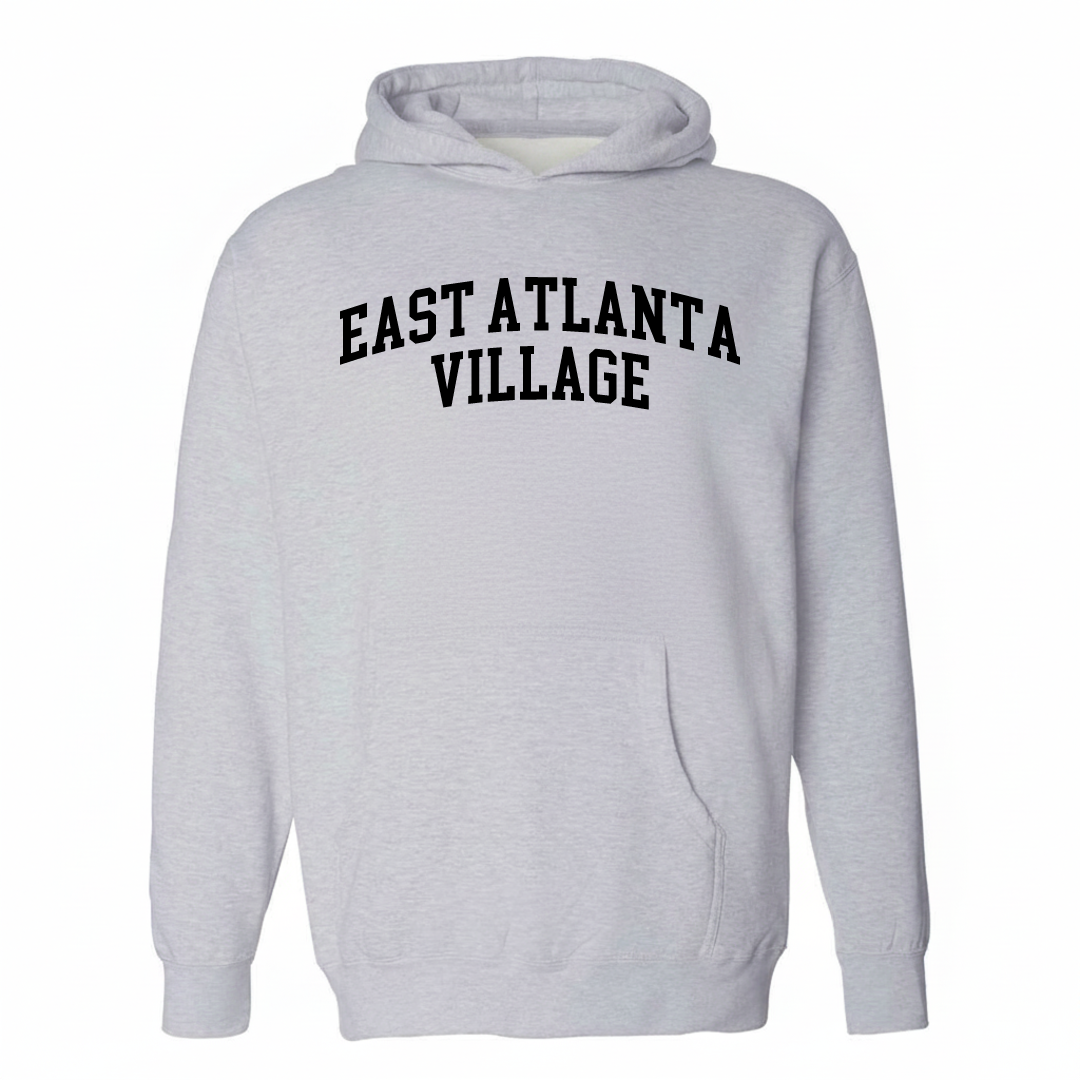Heather-gray hoodie with the East Atlanta Village varsity arched lettering design on the chest.
