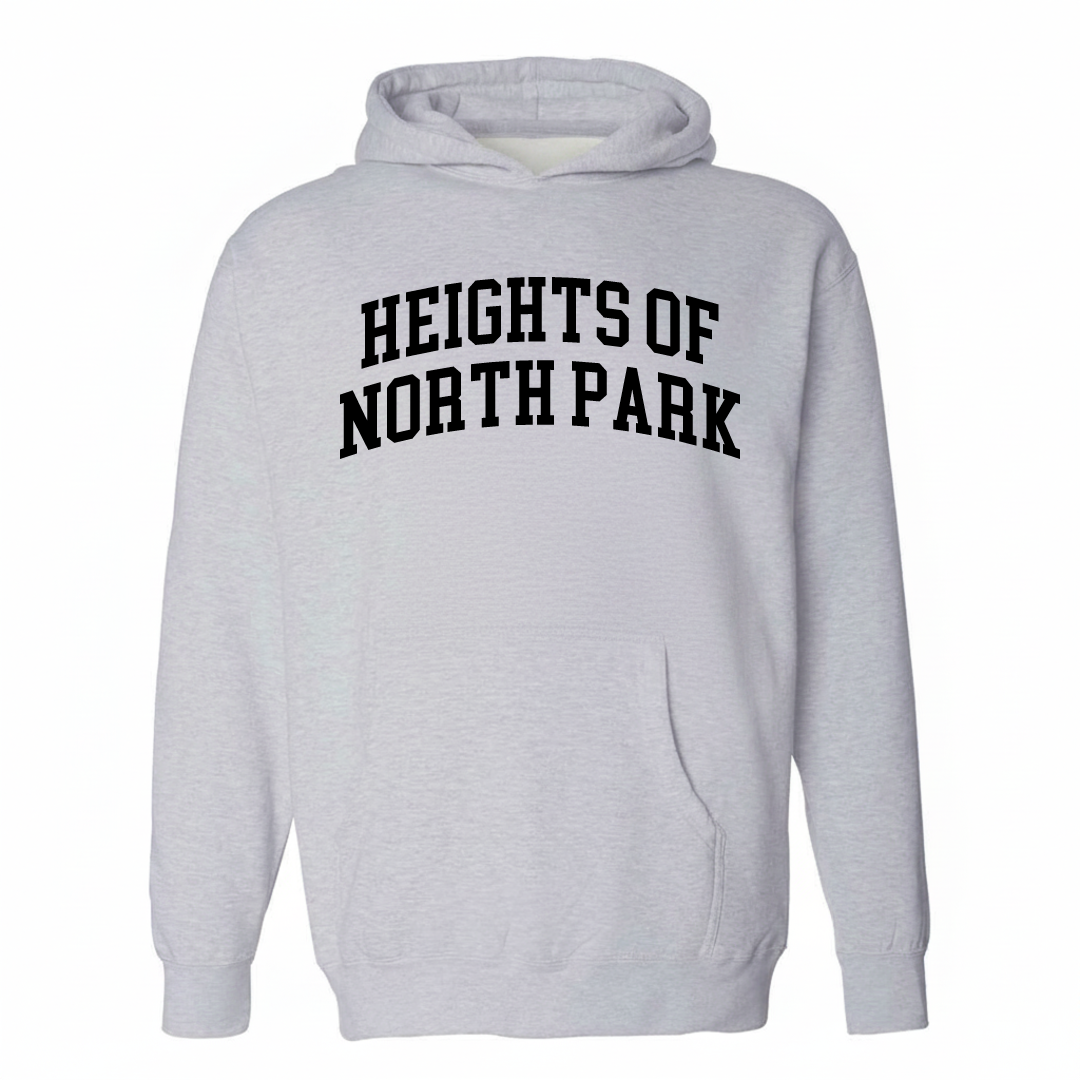 Heather-gray hoodie with the Heights of North Park varsity arched lettering design on the chest.