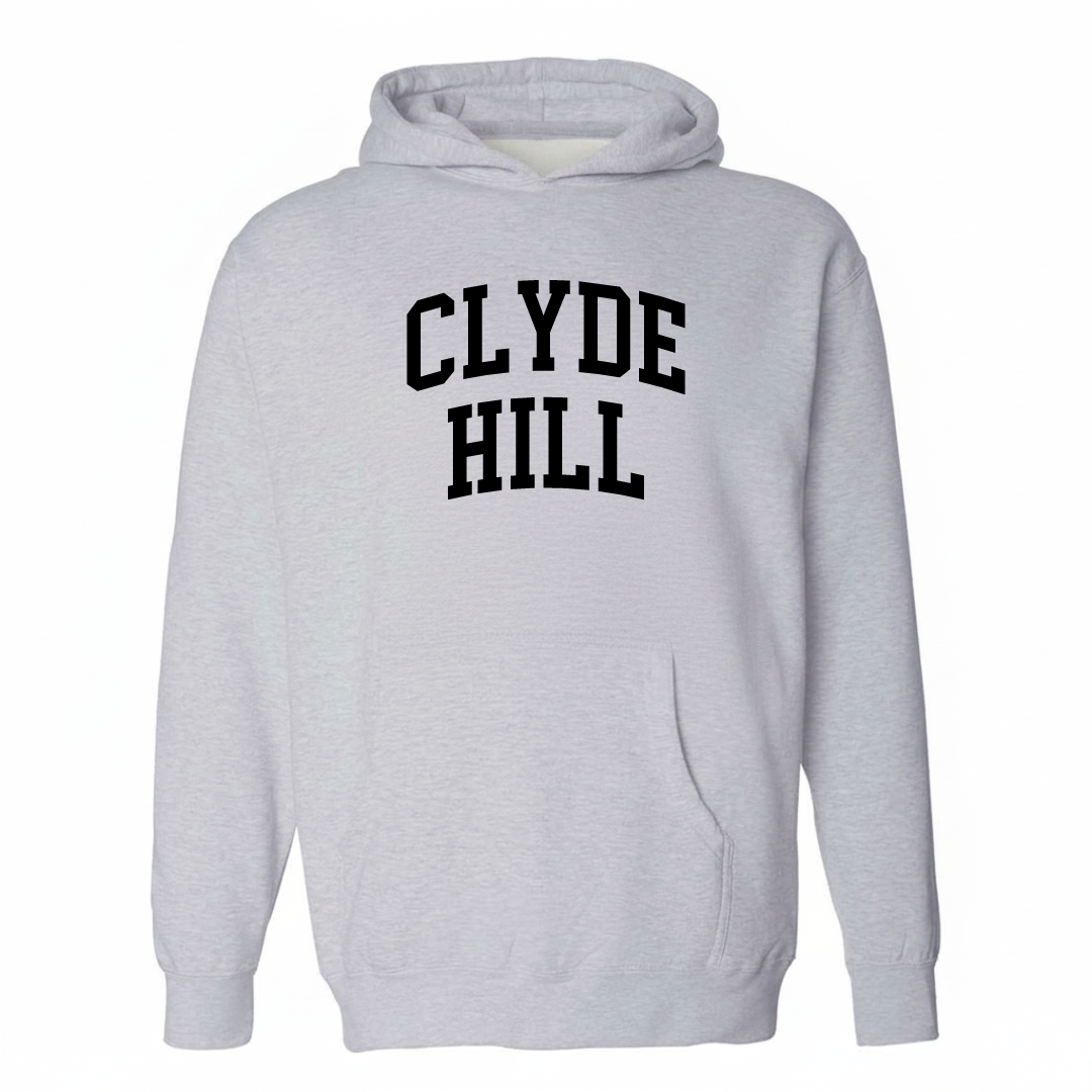 Heather-gray hoodie with the Clyde Hill varsity arched lettering design on the chest.