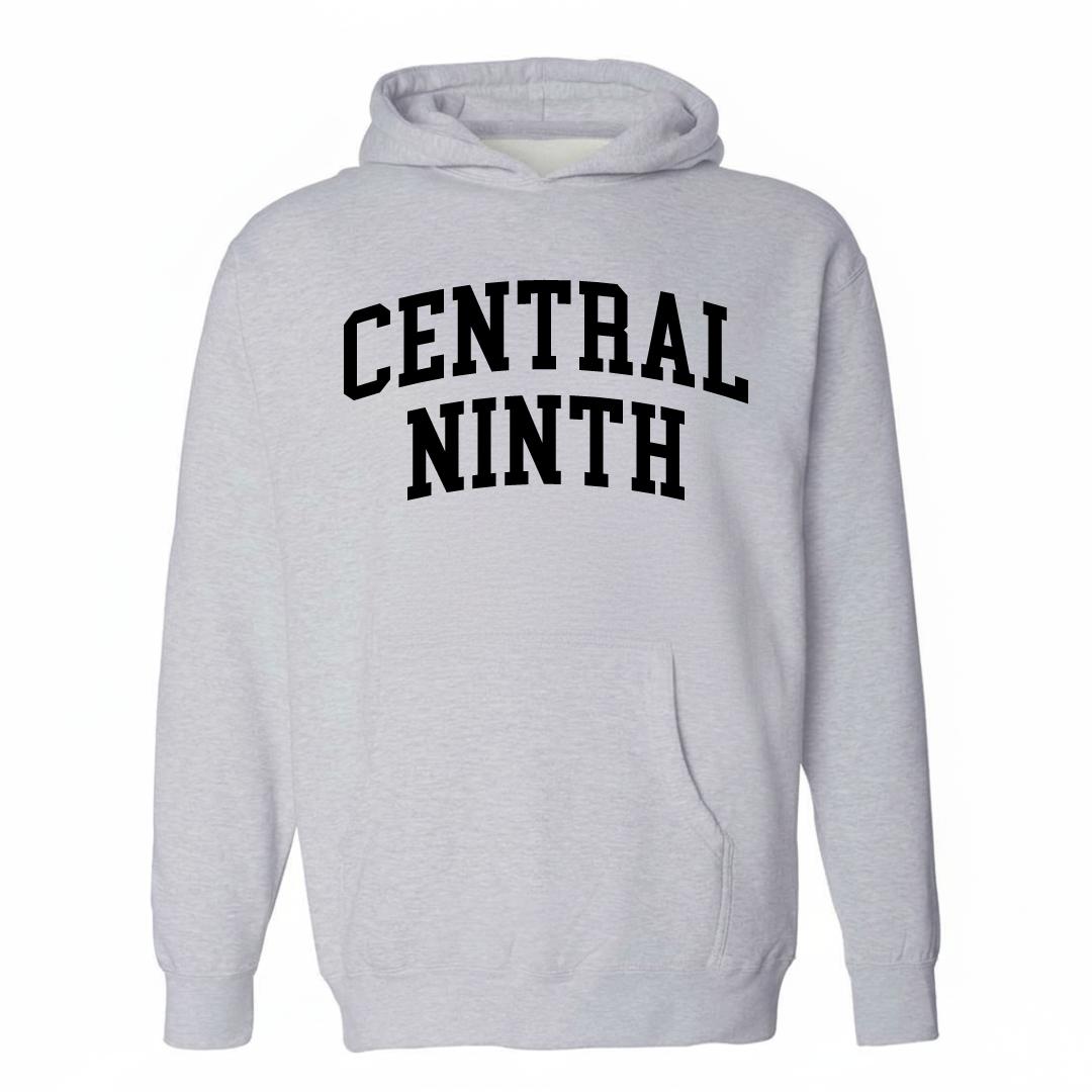Heather-gray hoodie with the Central Ninth arched varsity lettering design on the chest.