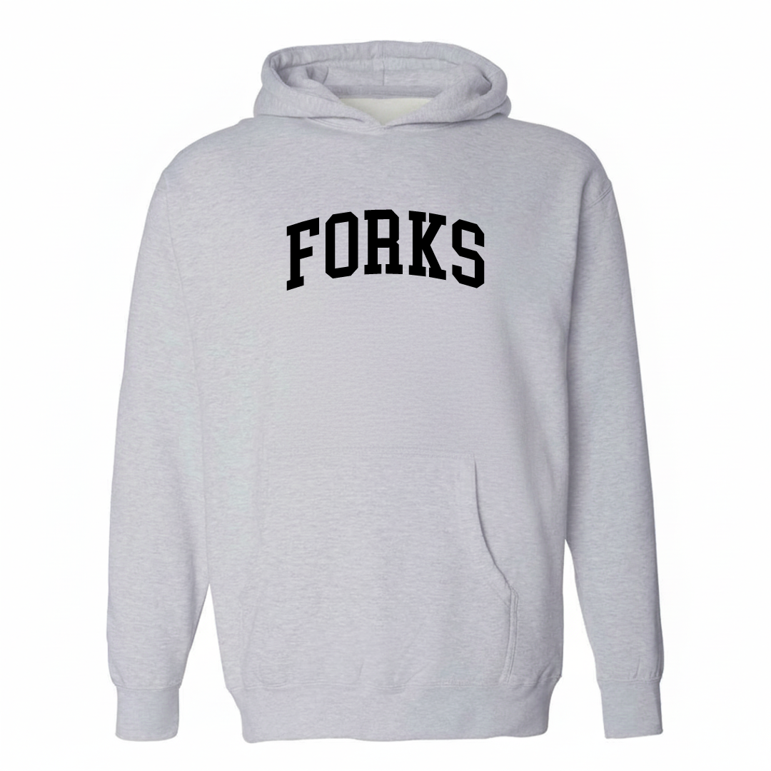 Heather-gray hoodie with the Forks arched varsity lettering design on the chest.