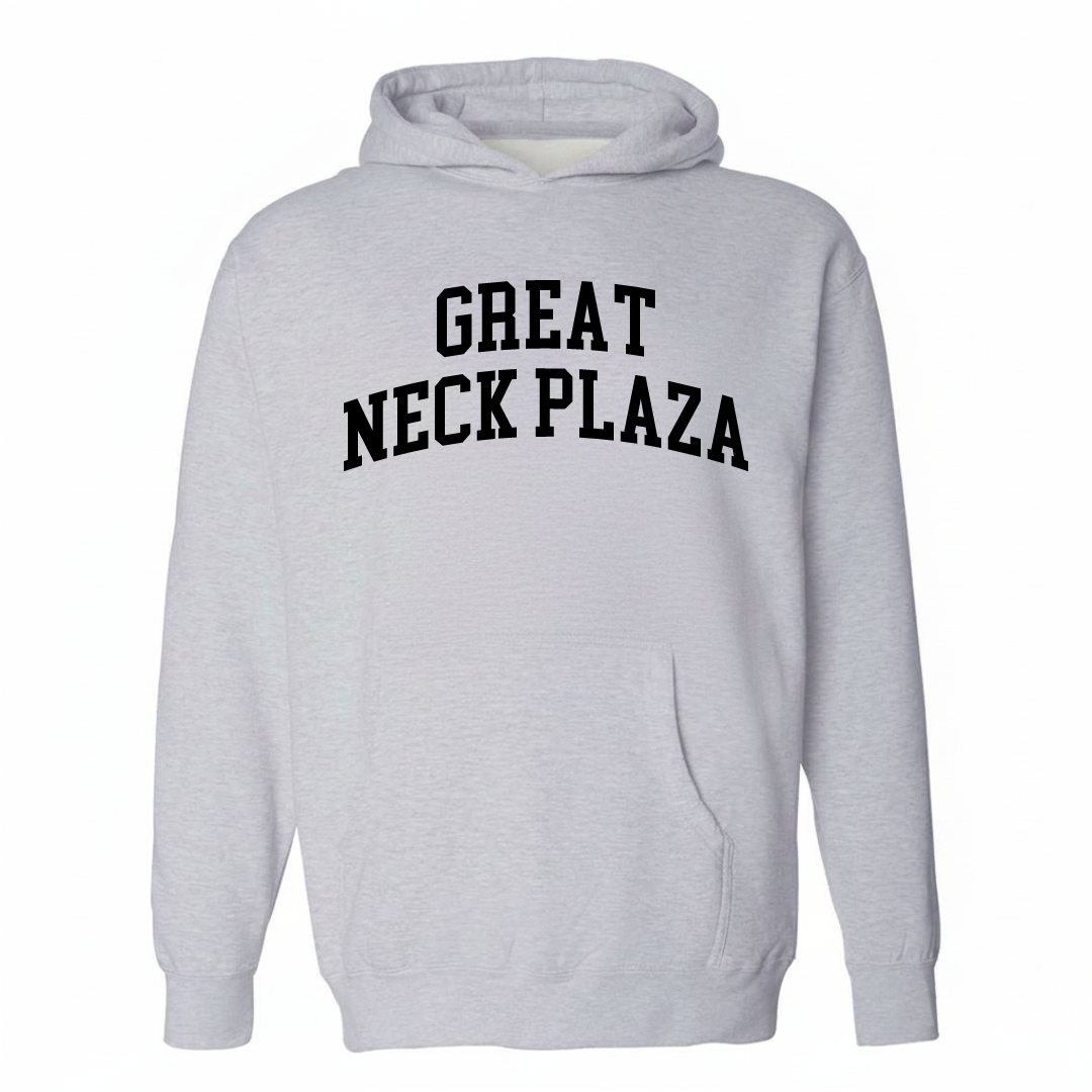Heather-gray hoodie with the Great Neck Plaza varsity arched lettering design on the chest.
