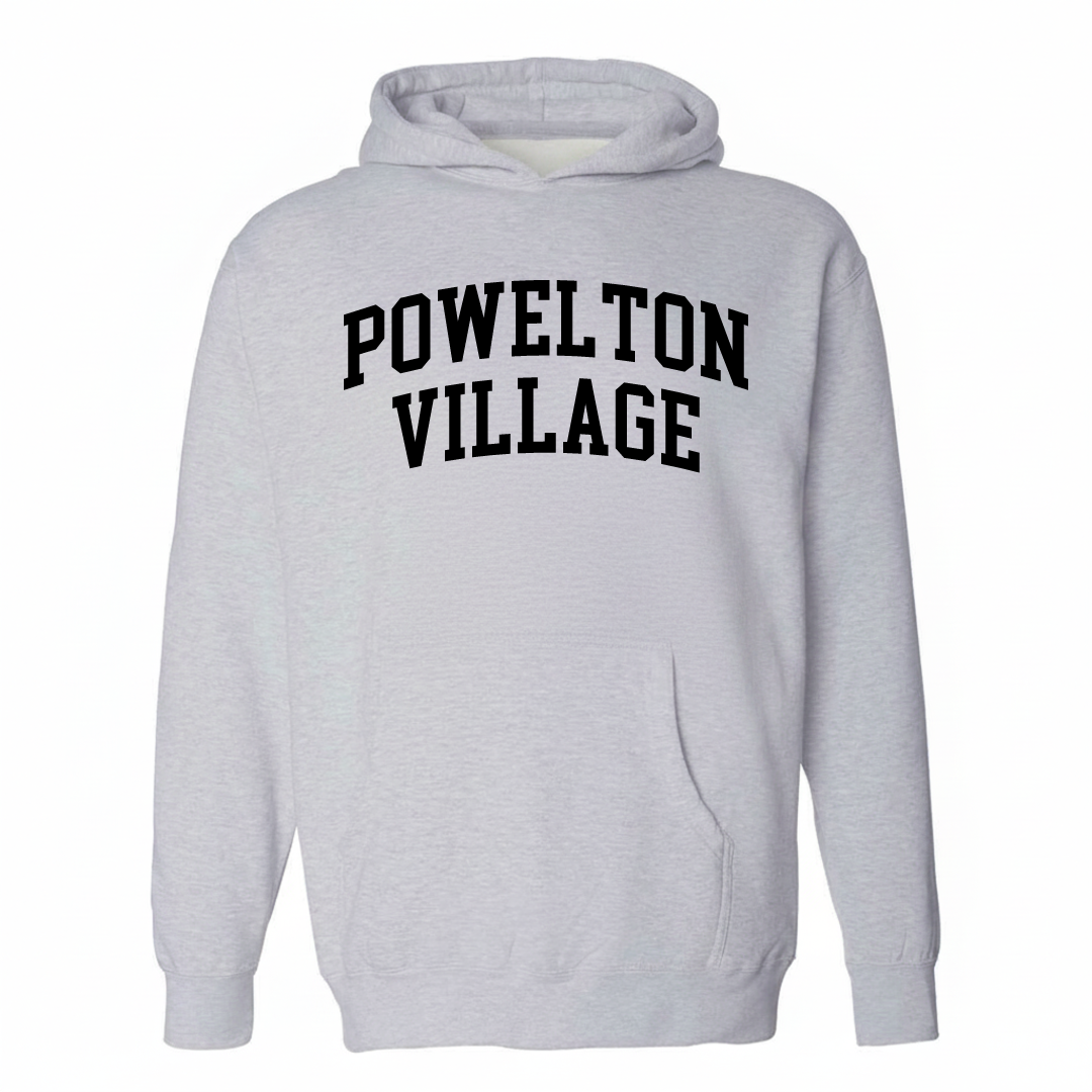 Heather-gray hoodie with the Powelton Village arched varsity lettering design on the chest.