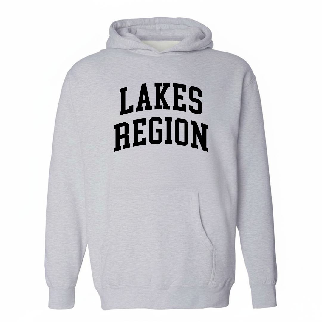 Heather-gray hoodie with the Lakes Region varsity arched lettering design on the chest.
