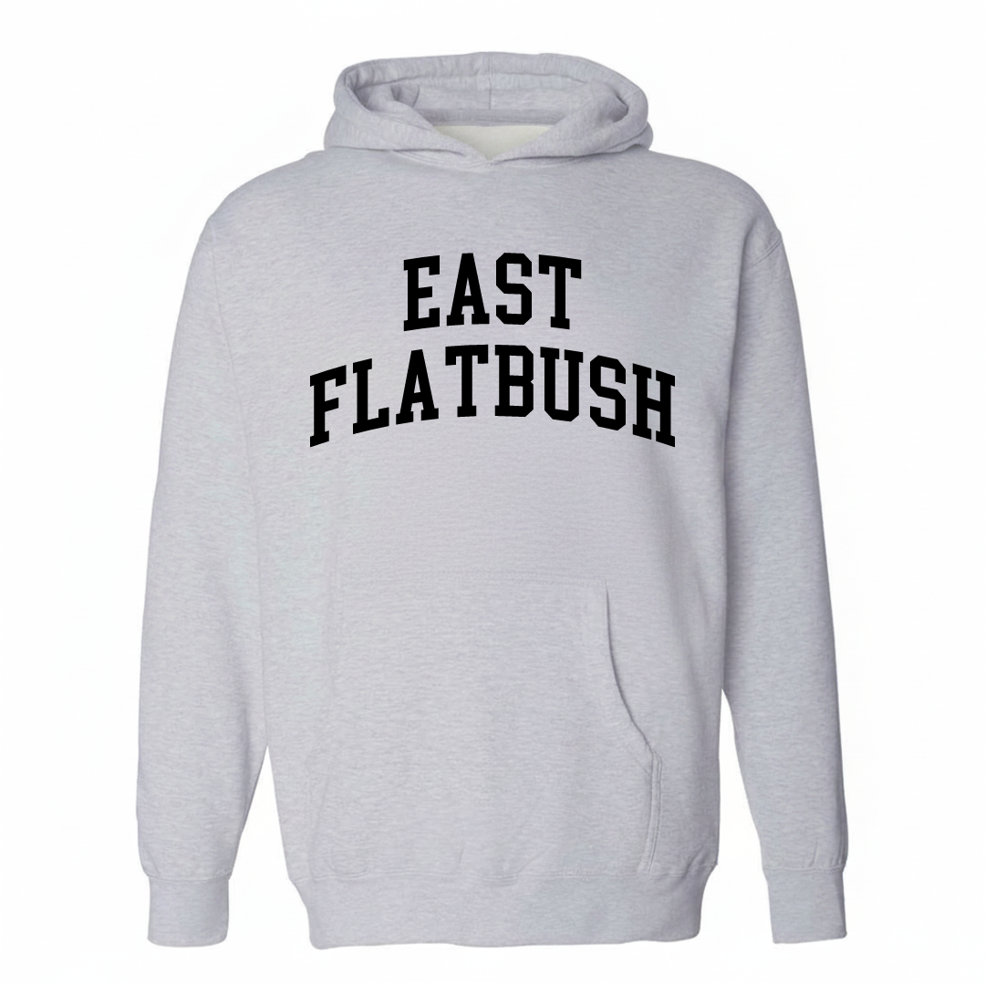Heather-gray hoodie with the East Flatbush varsity arched lettering design on the chest.