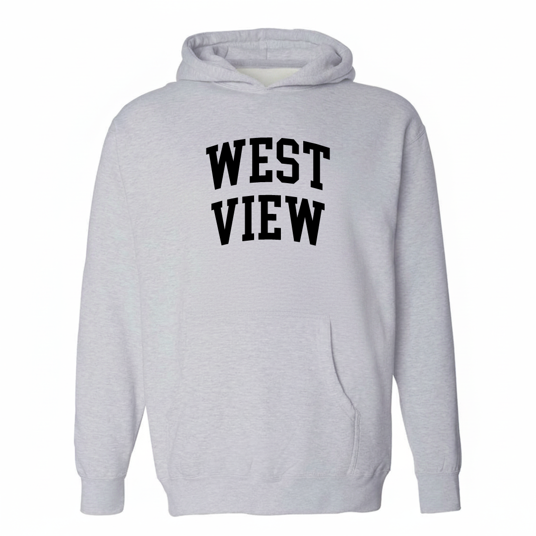 Heather-gray hoodie with the West View varsity arched lettering design on the chest.