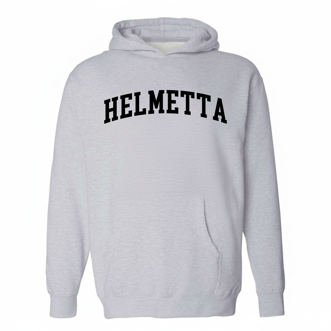 Heather-gray hoodie with the Helmetta varsity arched lettering design on the chest.