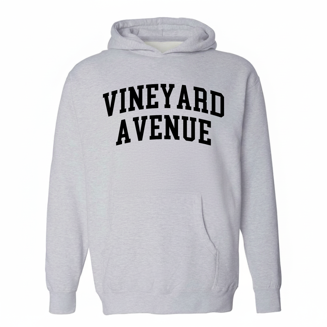 Heather-gray hoodie with the Vineyard Avenue varsity arched lettering design on the chest.