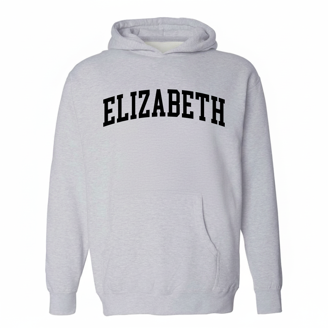 Heather-gray hoodie with the Elizabeth varsity arched lettering design on the chest.