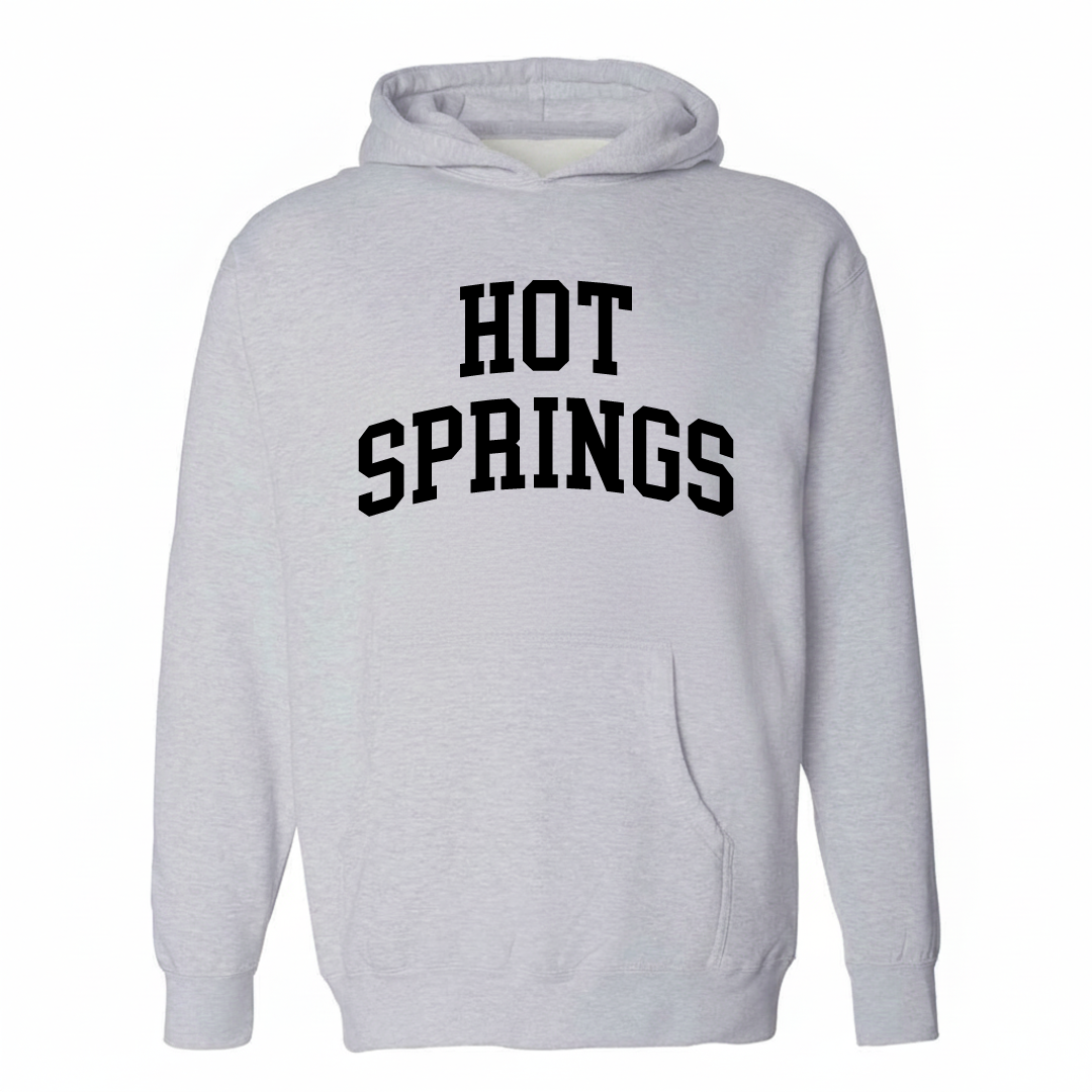 Heather-gray hoodie with the Hot Springs arched varsity lettering design on the chest.