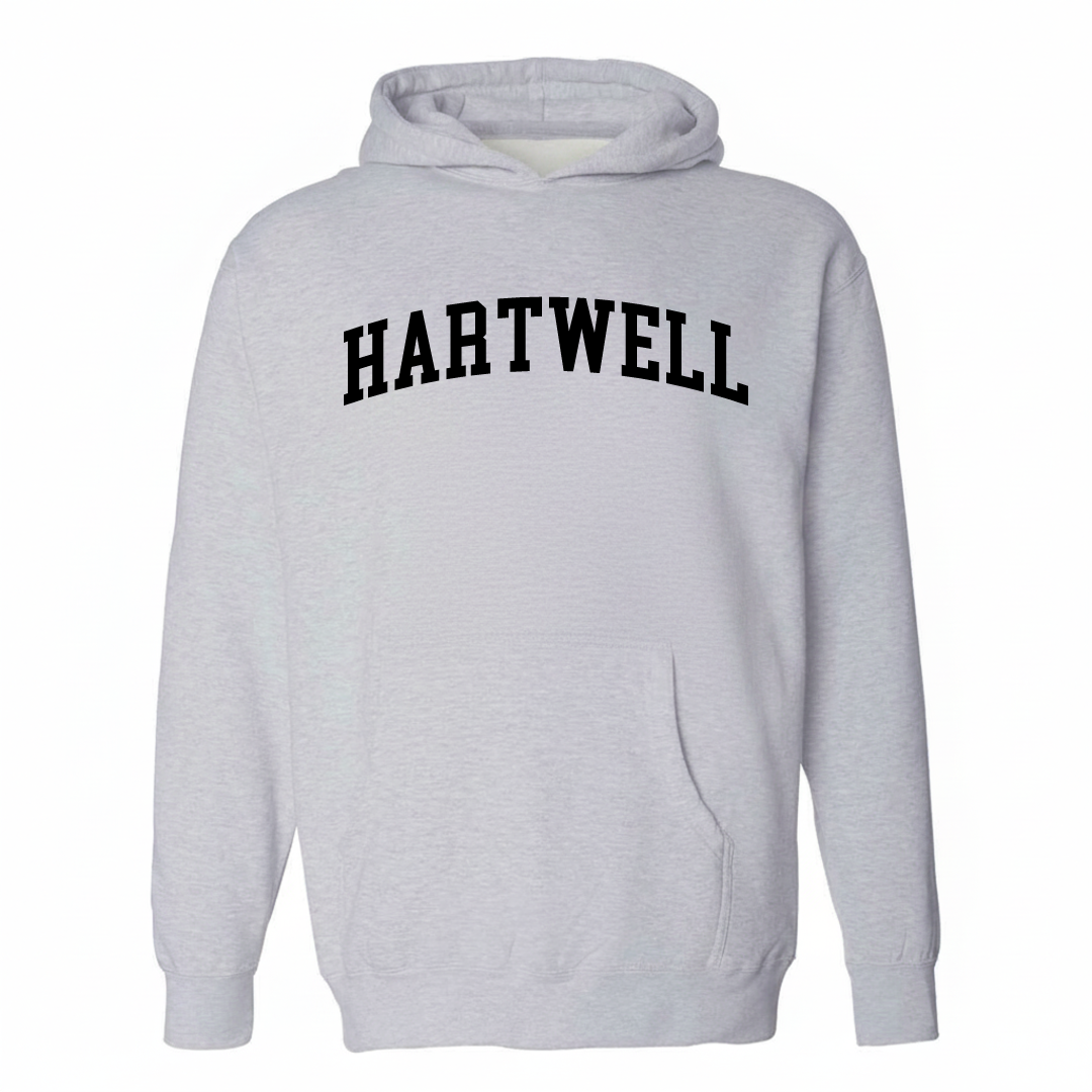 Heather-gray hoodie with the Hartwell varsity arched lettering design on the chest.