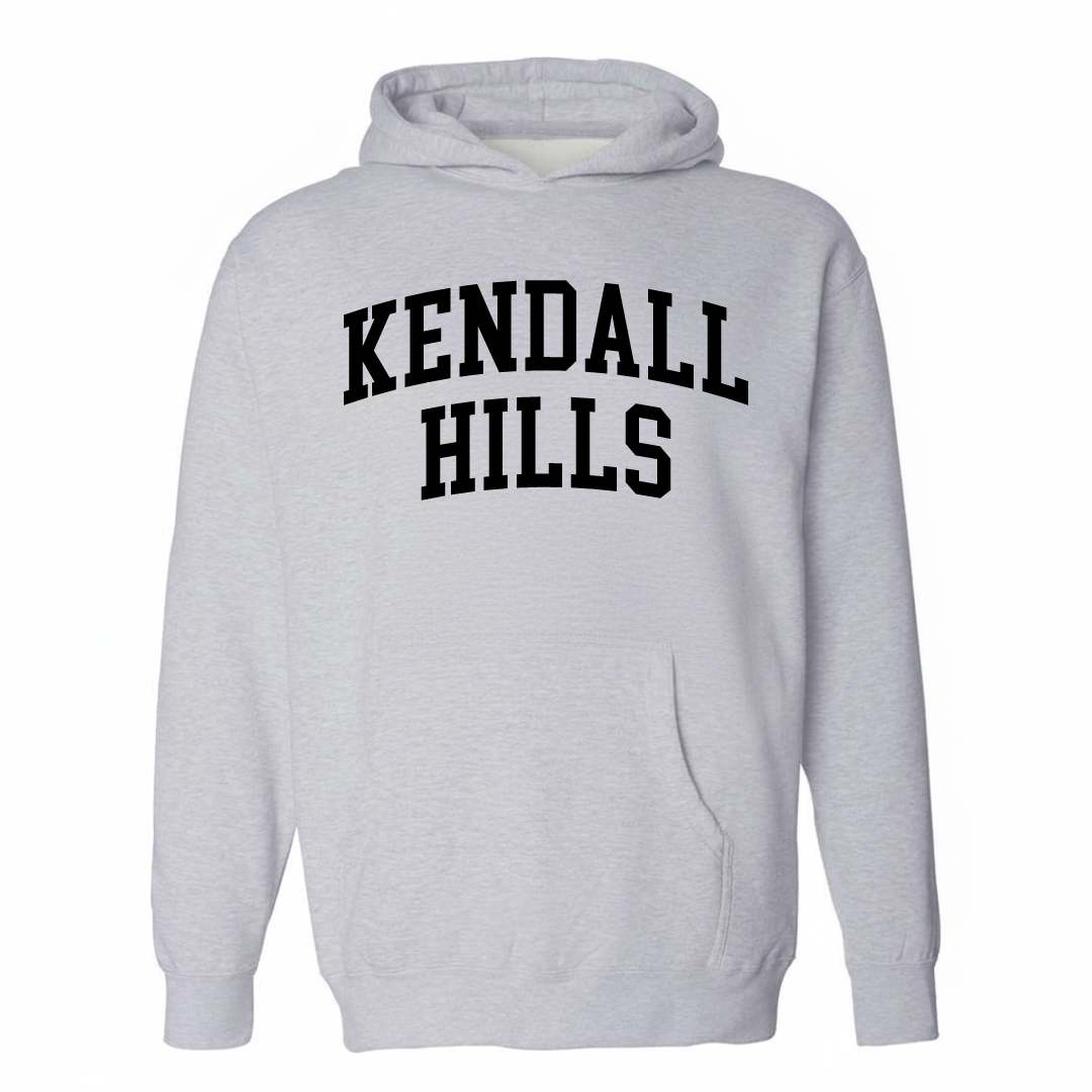 Heather-gray hoodie with the Kendall Hills varsity arched lettering design on the chest.