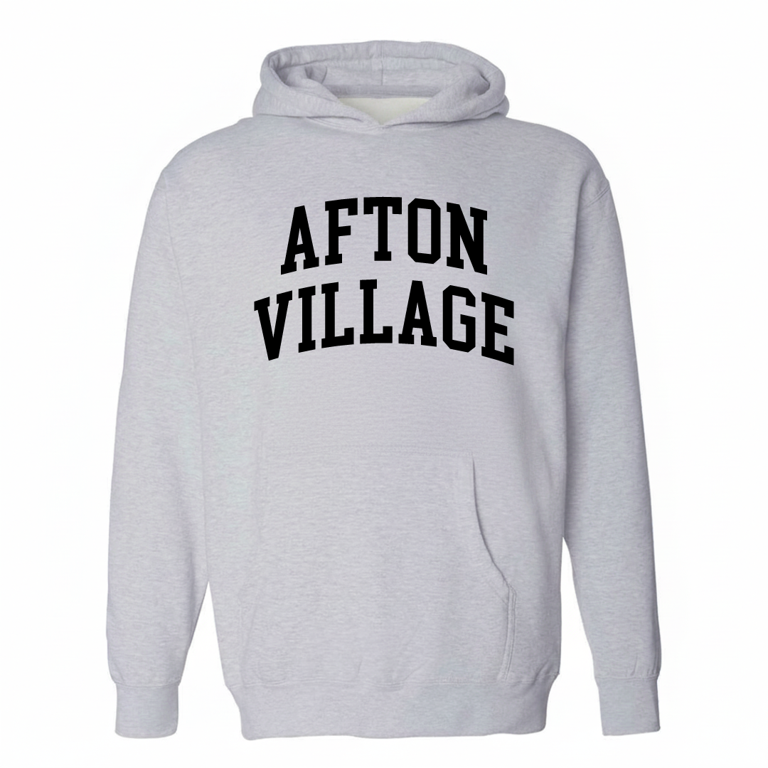 Heather-gray hoodie with the Afton Village varsity arched lettering design on the chest.
