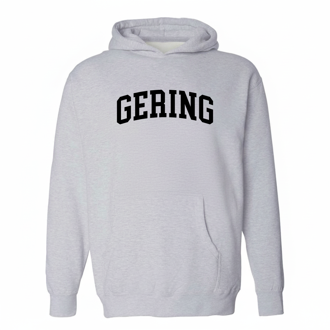 Heather-gray hoodie with the Gering varsity arched lettering design on the chest.