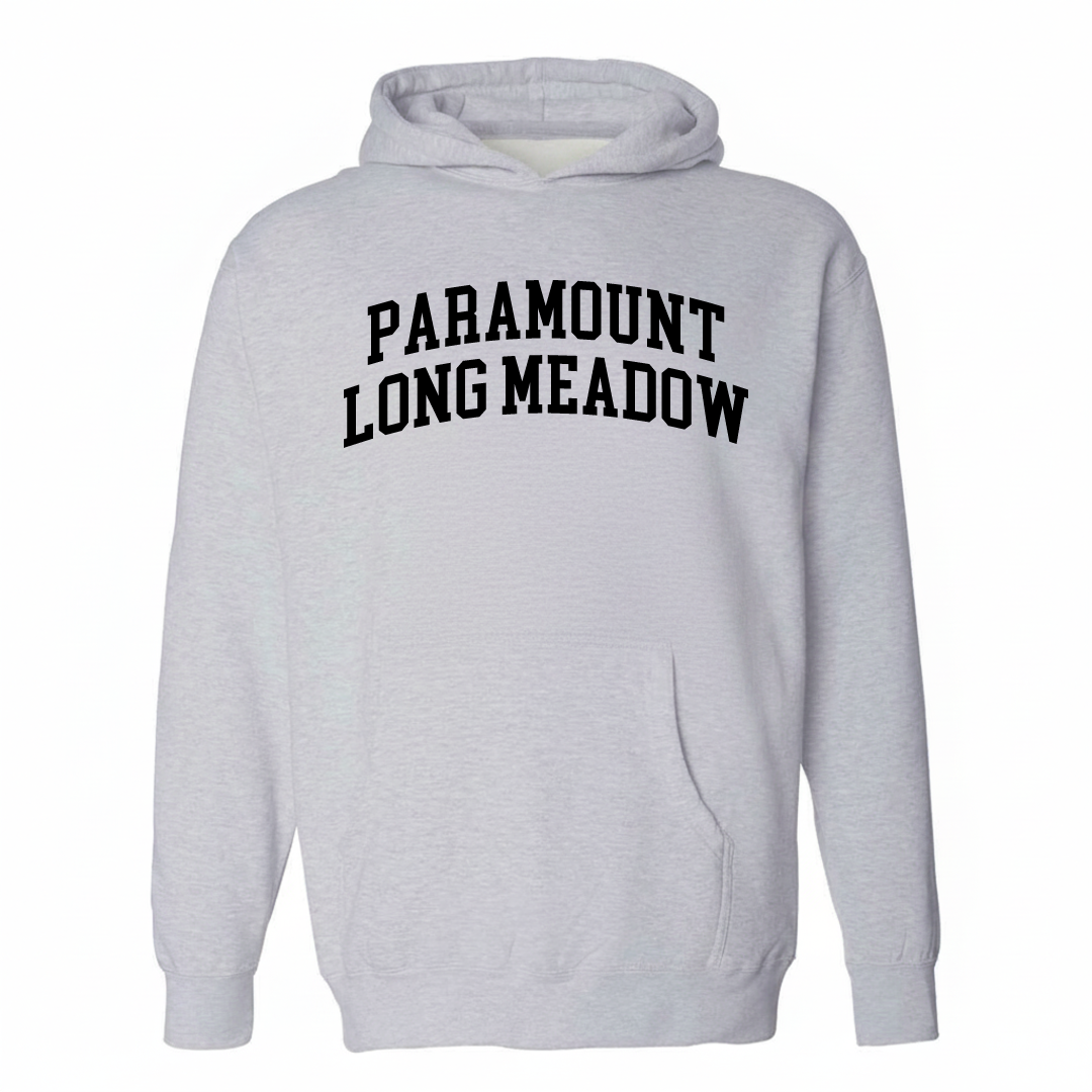 Heather-gray hoodie with the Paramount-Long Meadow varsity arched lettering design on the chest.