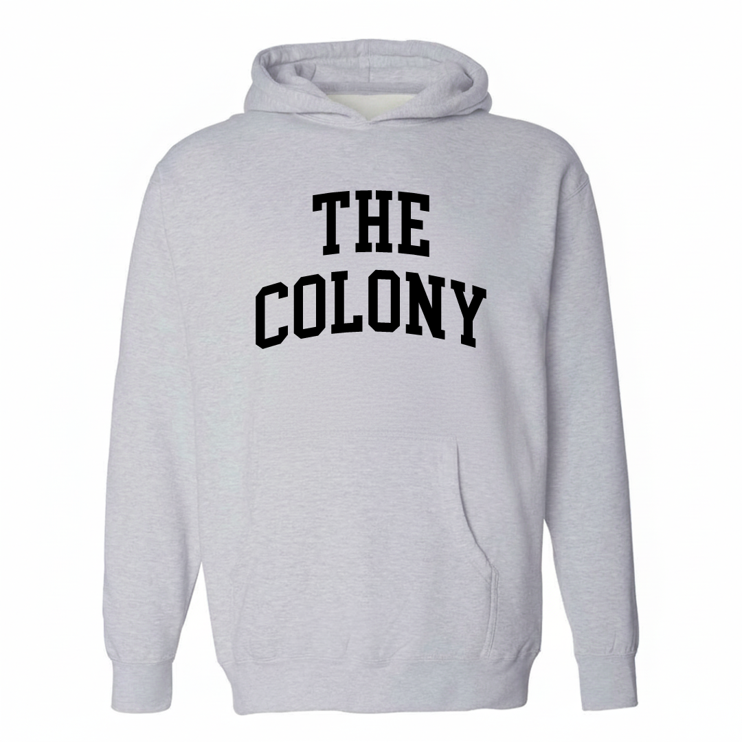 Heather-gray hoodie with The Colony arched varsity lettering design on the chest.