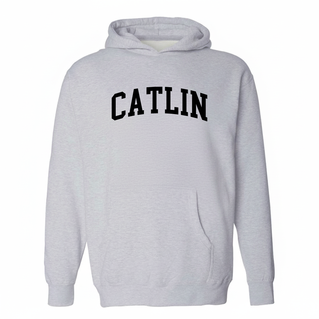 Heather-gray hoodie with the Catlin arched lettering varsity-collegiate design on the chest.