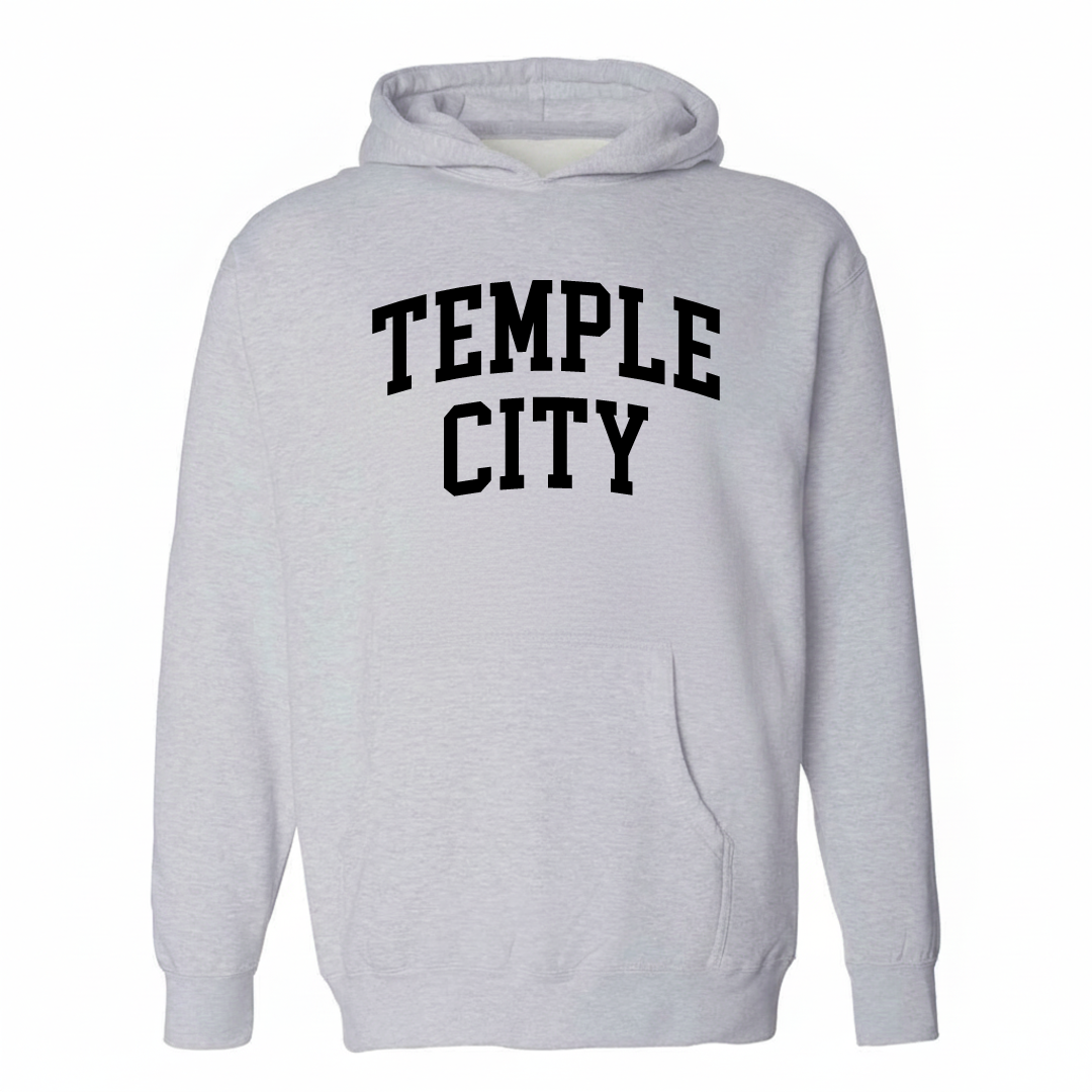 Heather-gray hoodie with the Temple City varsity arched lettering design on the chest.
