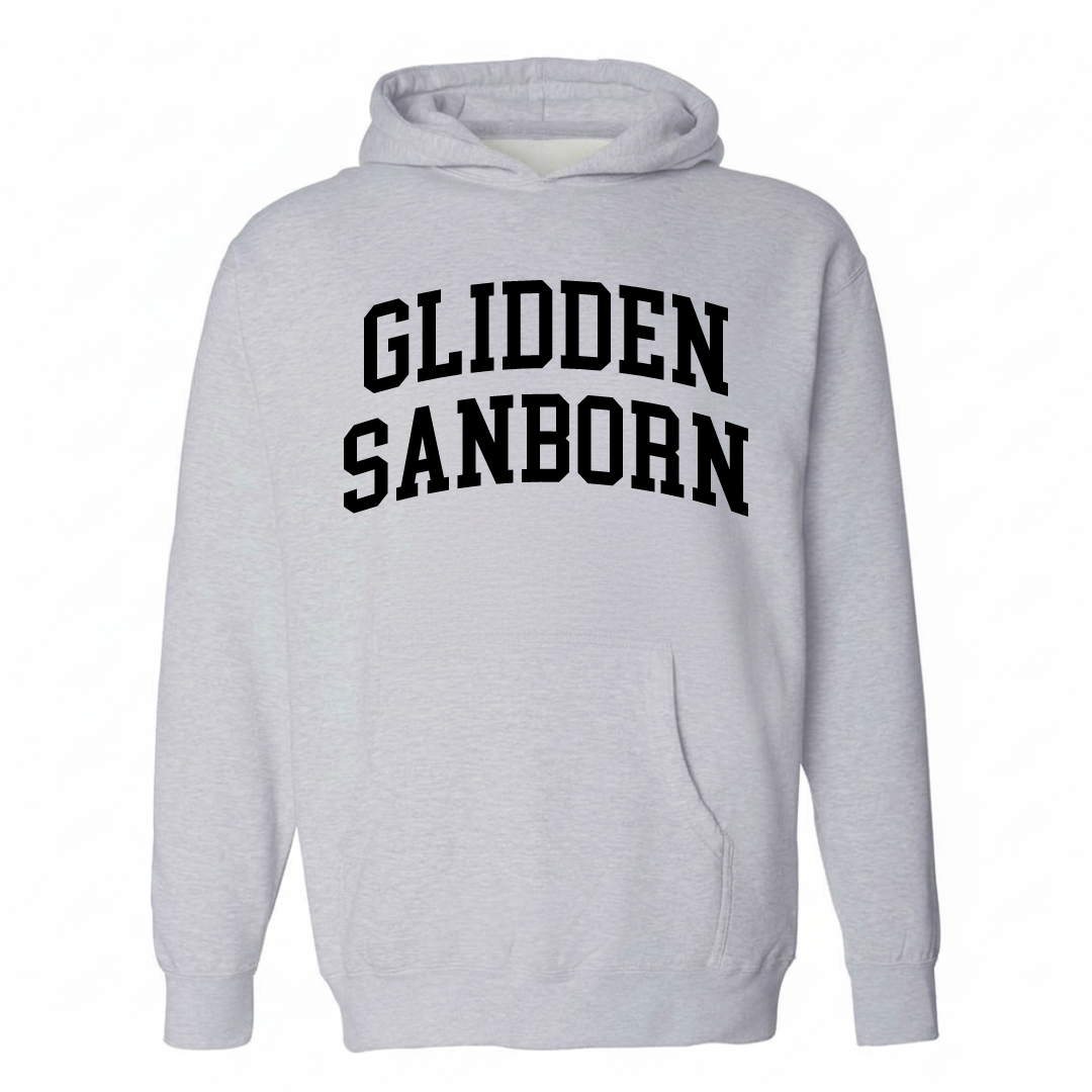 Heather-gray hoodie with the Glidden & Sanborn varsity arched lettering design on the chest.